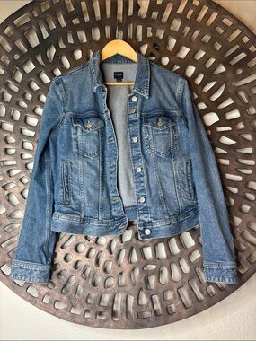 💙 J.Crew Factory Denim Trucker Jacket Women’s Large Medium Wash Stretch Jean Ja